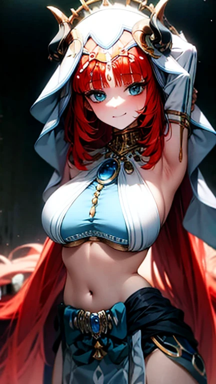 Nilou Genshin Impact,  Red hair, blue eyes, Standing, Looking at the audience, Naughty smile，Large Breasts，Large Breasts，swimsuit