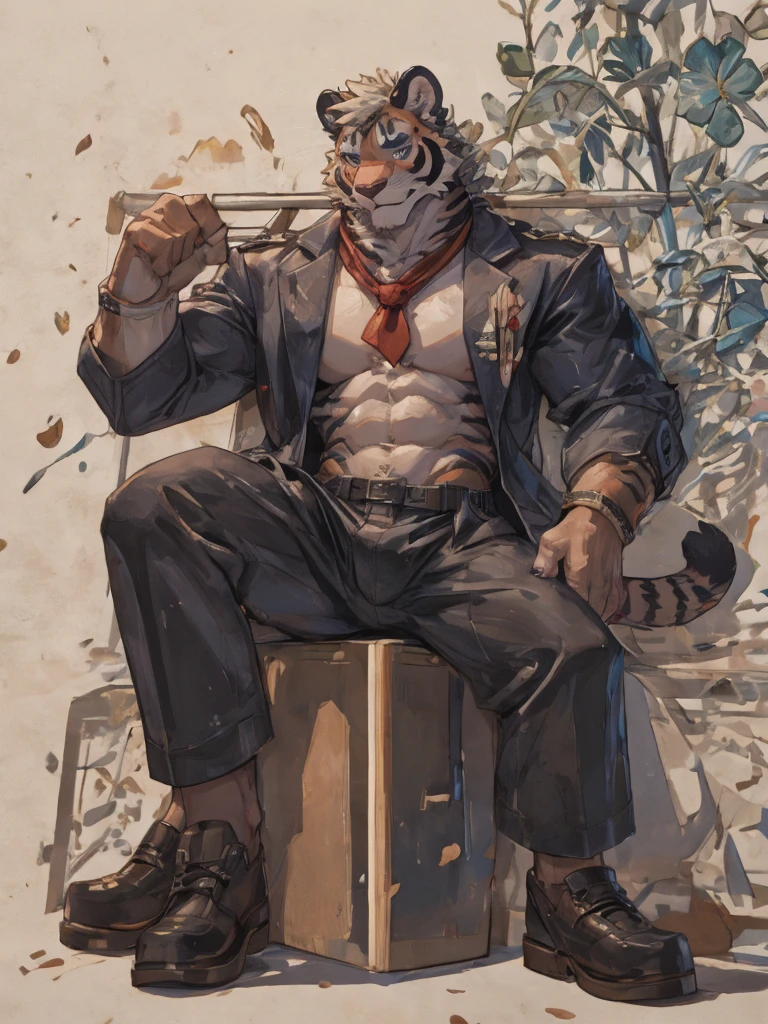 {{bara extremely handsome white tiger,}} {{white fur,}} white, wearing military like purple trench coat, purple trousers, white dress shirt and necktie, white fluffy furry body and limbs, loafers, very tall, very broad shoulders, narrow waist, muscular arms, massive pecs, purple eyes, very long legs,  sitting on swivel chair with legs spread, massive bulge, reading file, sophisticated hot look, full body, sunlight casting over, 3/4 view, best quality, high quality, silver earring on left ear, sultry smirk