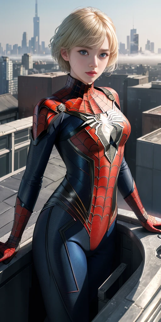 (1girl:1.3), 独奏, (((Very detailed face)))), ((Very detailed eyes and face)))), Beautiful detail eyes, Body parts__, Official art, Unified 8k wallpaper, Super detailed, beautiful and beautiful, beautiful, masterpiece, best quality, original, masterpiece, super fine photo, best quality, super high resolution, realistic realism, sunlight, full body portrait, amazing beauty, dynamic pose, delicate face, vibrant eyes, (from the front), She wears Spider-Man suit, red and black color scheme, spider, very detailed city roof background, rooftop, overlooking the city, detailed face, detailed complex busy background, messy, gorgeous, milky white, highly detailed skin, realistic skin details, visible pores, clear focus, Volumetric fog, 8K UHD, dslr, high quality, film grain, fair skin, photo realism, lomography, futuristic dystopian megalopolis, translucent blonde short Back view