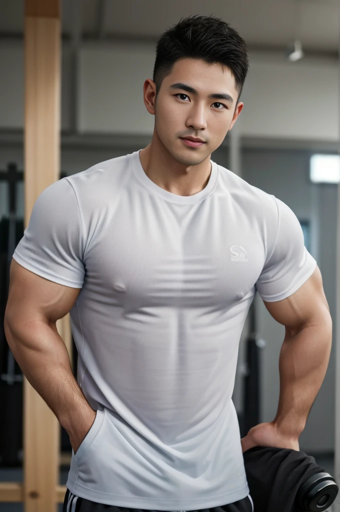 Masterpiece, best quality, high resolution, realistic, handsome, Take beautiful photos, Sayk, NRF, Photo of the 35 year old gym association (man:1.2) Portrait, standing in the gym , make military media, weight, Amazing , Buzzcut short hair,stubble head , (Hyper Muscle),looking at the audience, Flirt with the camera, charming, (Tight white exercise shirt ),(GS-Male:1), 8k uh