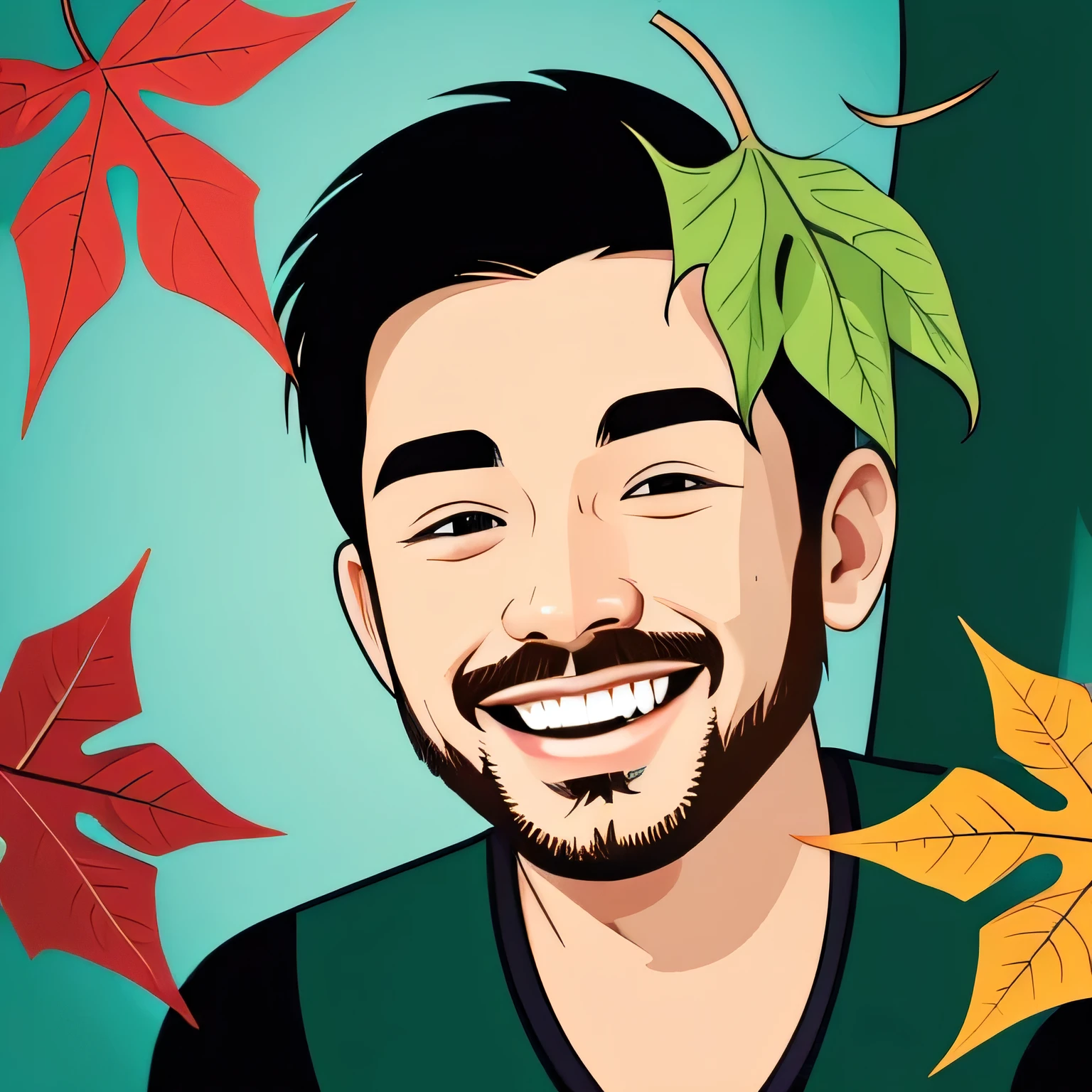 Man smiling showing leaves, Distinctive mouth, cartoon style, cartoon style