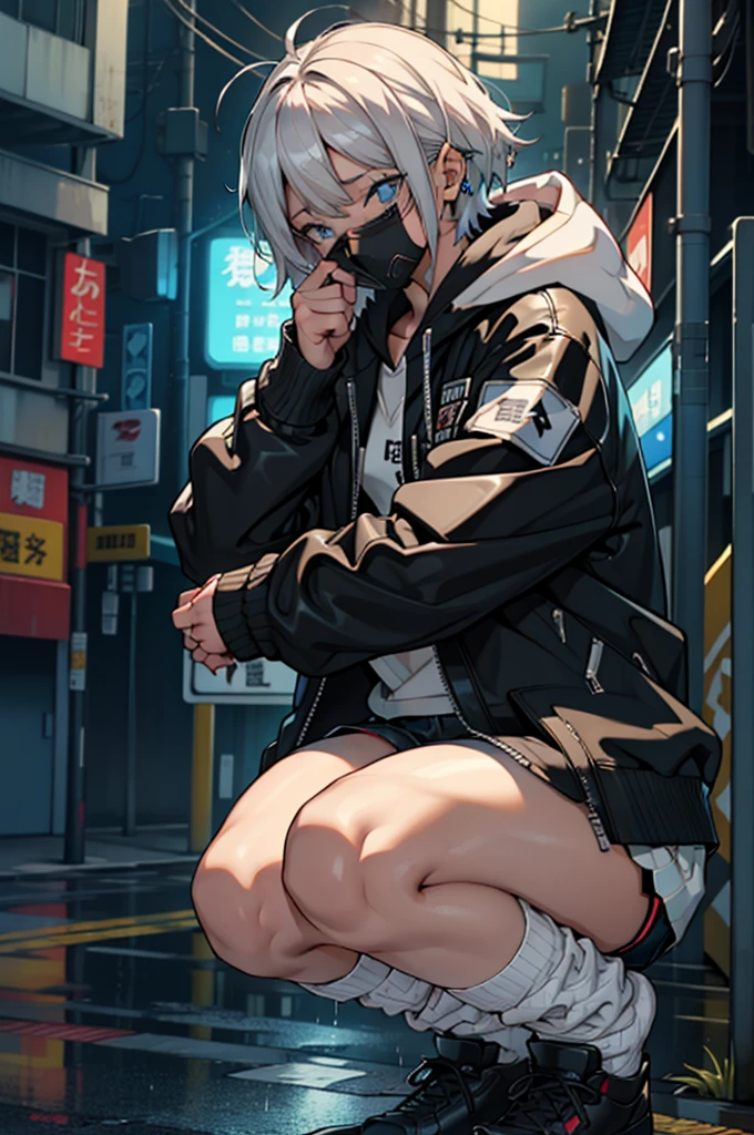 Esbian all over、One Girl、Empty、Cute eyes、Well-proportioned facial features、Kamimei、Red face、Black Mask+Black mask with veloout、(Highest quality、8K resolution、masterpiece:1.3)、Focus Section: 1.2、Delicate and beautiful body 1.4、is 1.2、golden short hair 1.2、Chest 1.2、Wet clothes 1.1、rain、Street 1.3、Bando Dress 1.1、Highly detailed skin texture、I narrowed my eyes.、double eyelid、Whitening skin、Shutdown 1.3、black open finger gloves、Black leather jacket and black leather shorts、Knee-high boots、White loose socks、Digital cyber punkアート、cyber punk、Wearing a hoodie、cyber punkアート、Clear bright blue eyes、Cleans the whites of the eyes。