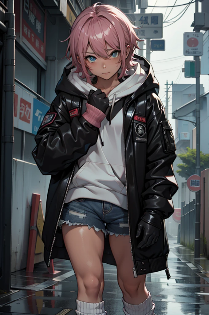 Esbian all over、One Girl、Empty、Cute eyes、Well-proportioned facial features、Kamimei、Red face、Black Mask+Black mask with veloout、(Highest quality、8K resolution、masterpiece:1.3)、Focus Section: 1.2、Delicate and beautiful body 1.4、is 1.2、golden short hair 1.2、Chest 1.2、Wet clothes 1.1、rain、Street 1.3、Bando Dress 1.1、Highly detailed skin texture、I narrowed my eyes.、double eyelid、Whitening skin、Shutdown 1.3、black open finger gloves、Black leather jacket and black leather shorts、Knee-high boots、White loose socks、Digital cyber punkアート、cyber punk、Wearing a hoodie、cyber punkアート、Clear bright blue eyes、Cleans the whites of the eyes。
