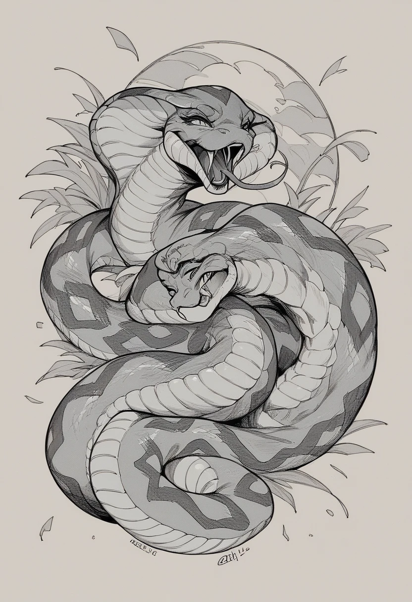 Traditional tattoos、snake、Black and White、Wide-open mouth design、Depicted in the clock