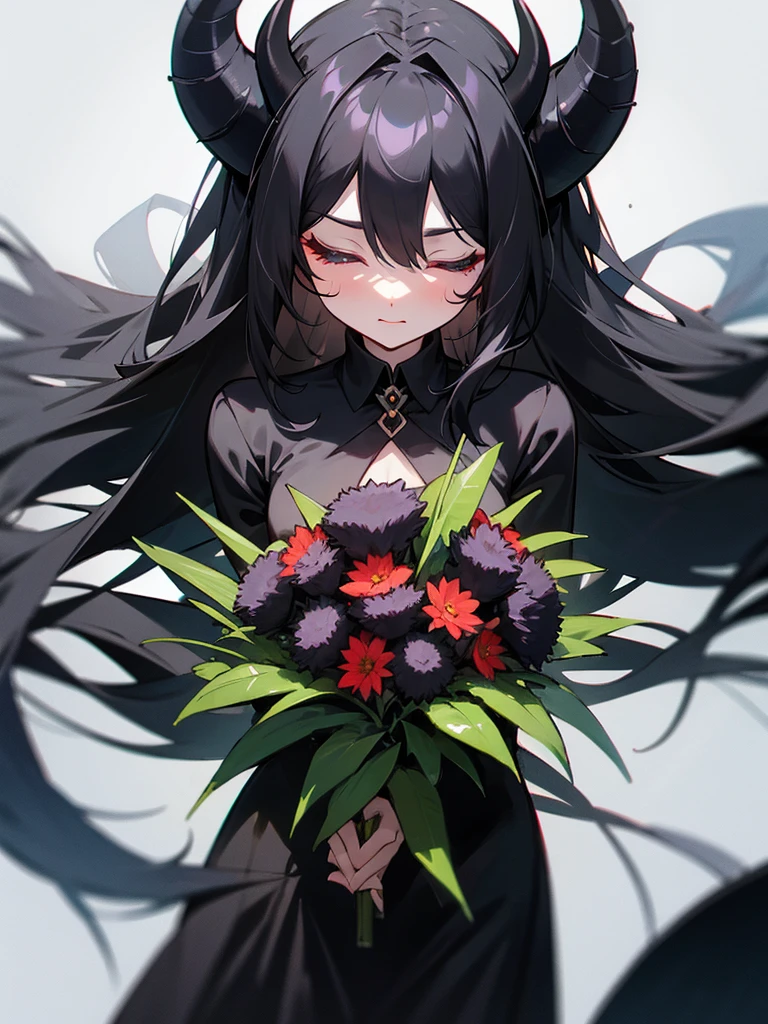 Long black hair, Queen of Darkness, horns, black bouquet, jet black dress, eyes closed