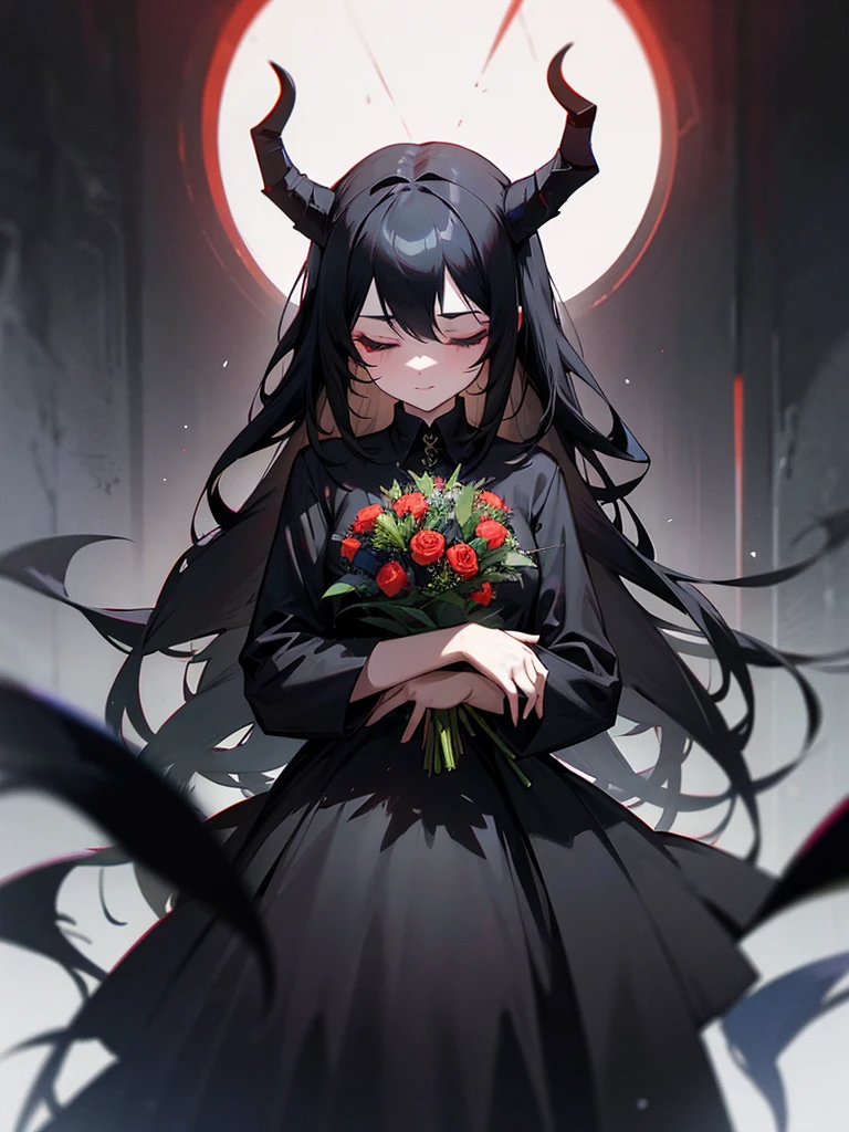 Long black hair, Queen of Darkness, horns, black bouquet, jet black dress, eyes closed