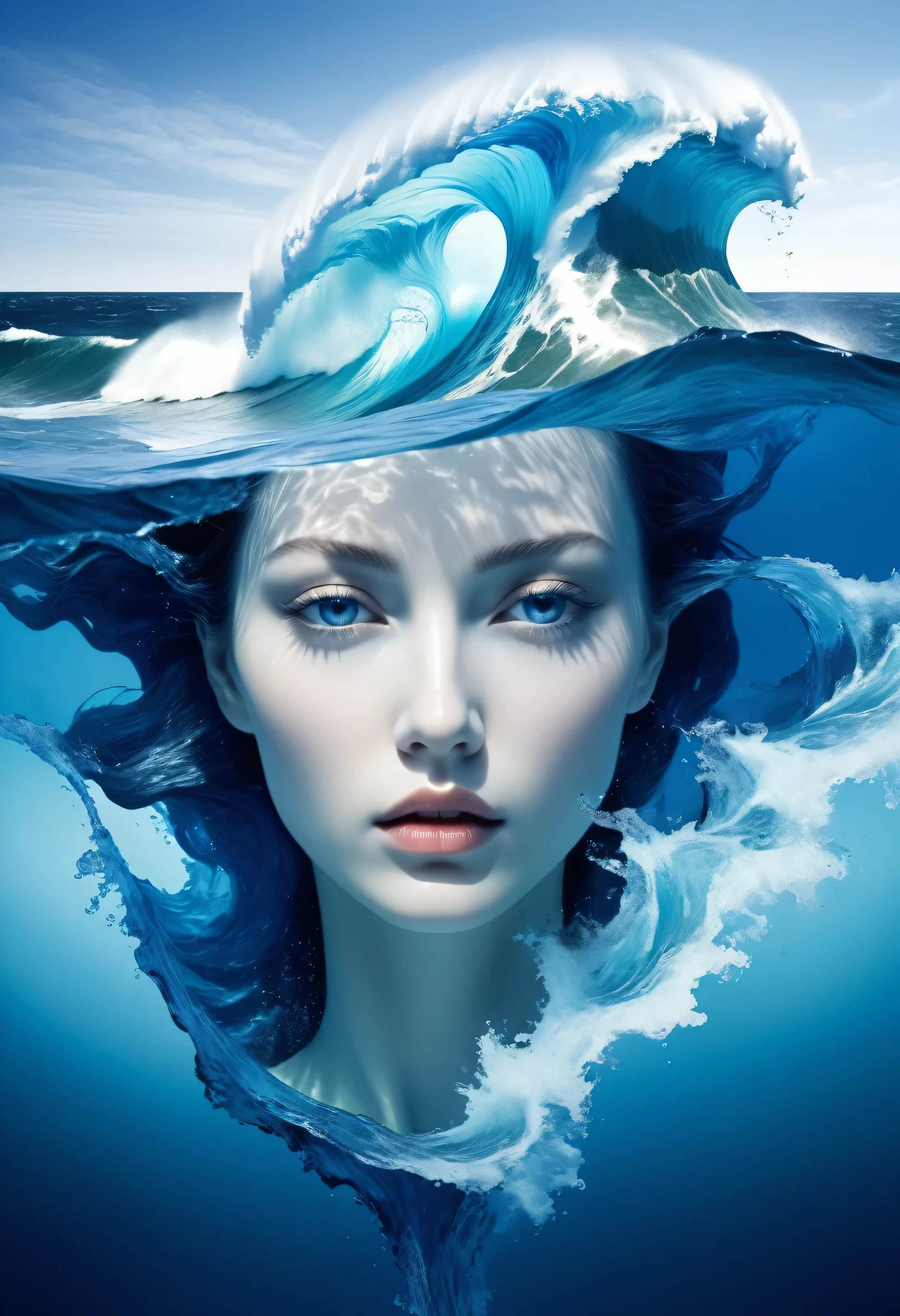 Sea Collapse, Blue tint, Depth Perception, Rough Water. The facial formation can be observed,Surrealism,Water Element