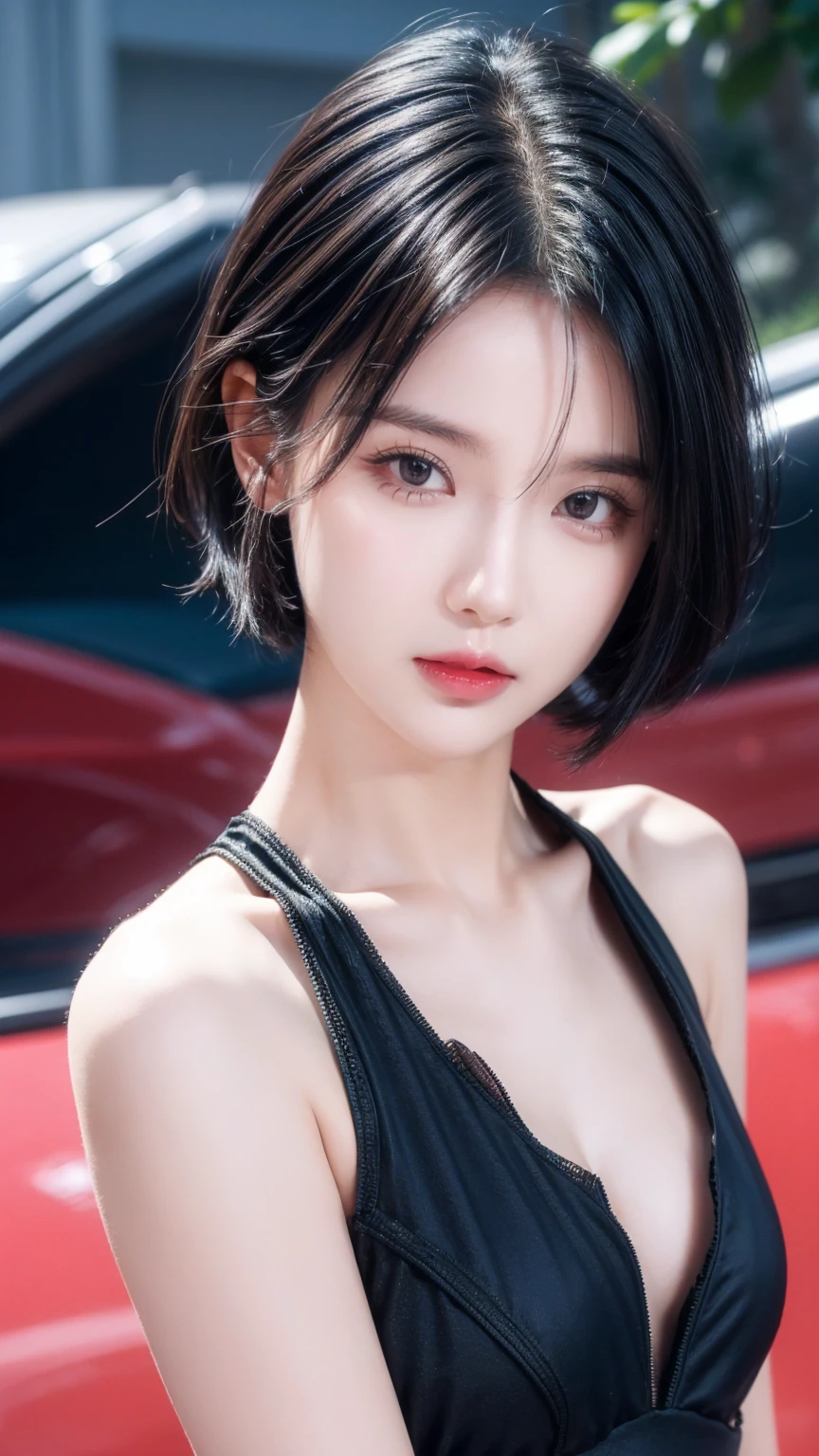 best quality, 1 Girl, dark blue hair, black eyes, Very short hair, Spiky hair, wears sweet red red dress body slim luxury,A cropped dress, 171 cm, Messy hair, Hair between the eyes, Tomboy, aldult, 20 years old, A sweet girl by the mountain