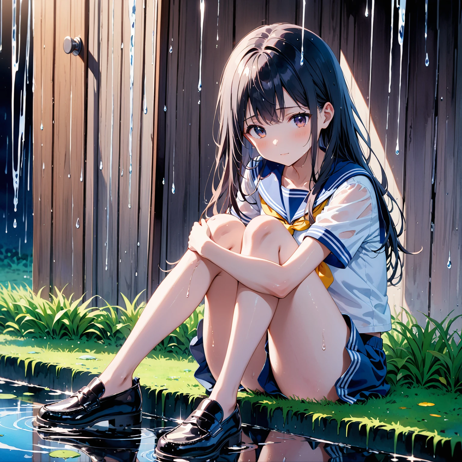 1girl、Black Hair、Sailor suit、Wet clothes、Wet Hair、Grass、heavy rain、evening、Reflection on the water、puddle、(watercolor painting:1.3)、deep faint light 、 detailed CG、high resolution