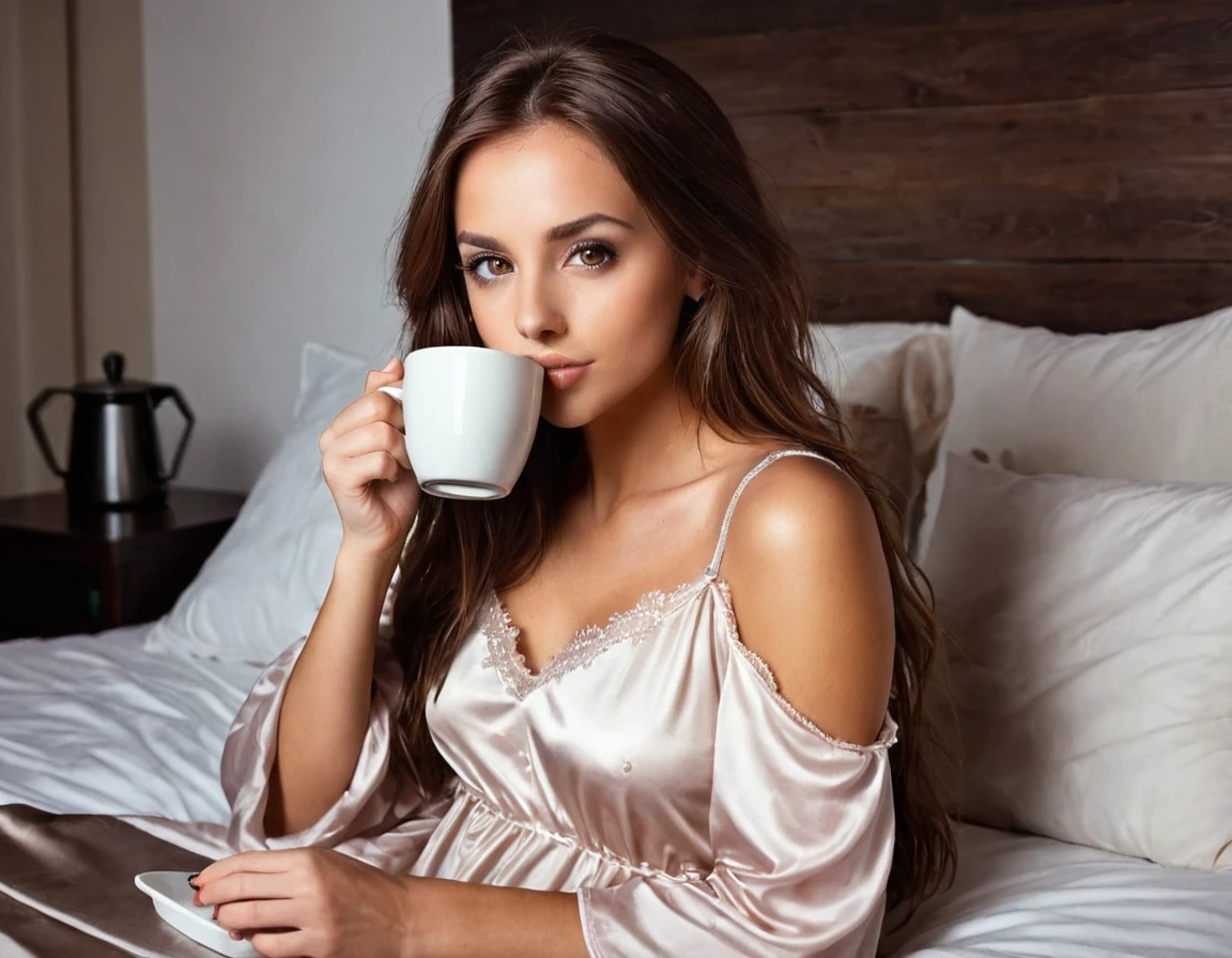 stubble beard woman, brown hair, amber eyes, in nightgown, drinks coffee