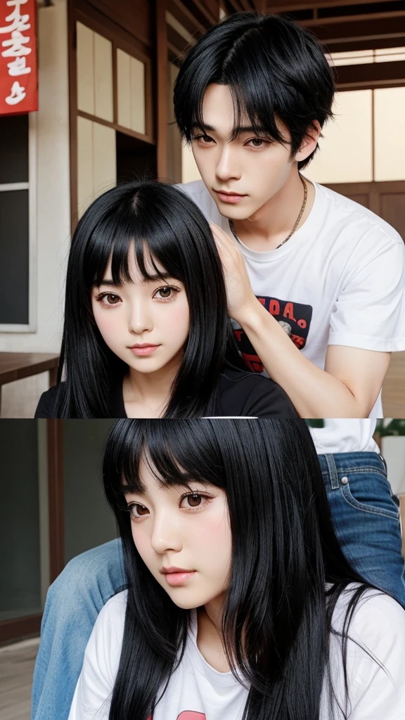 Anime boy and girl, who are best friends, have black hair, look very cute, age of 26 years, korean style