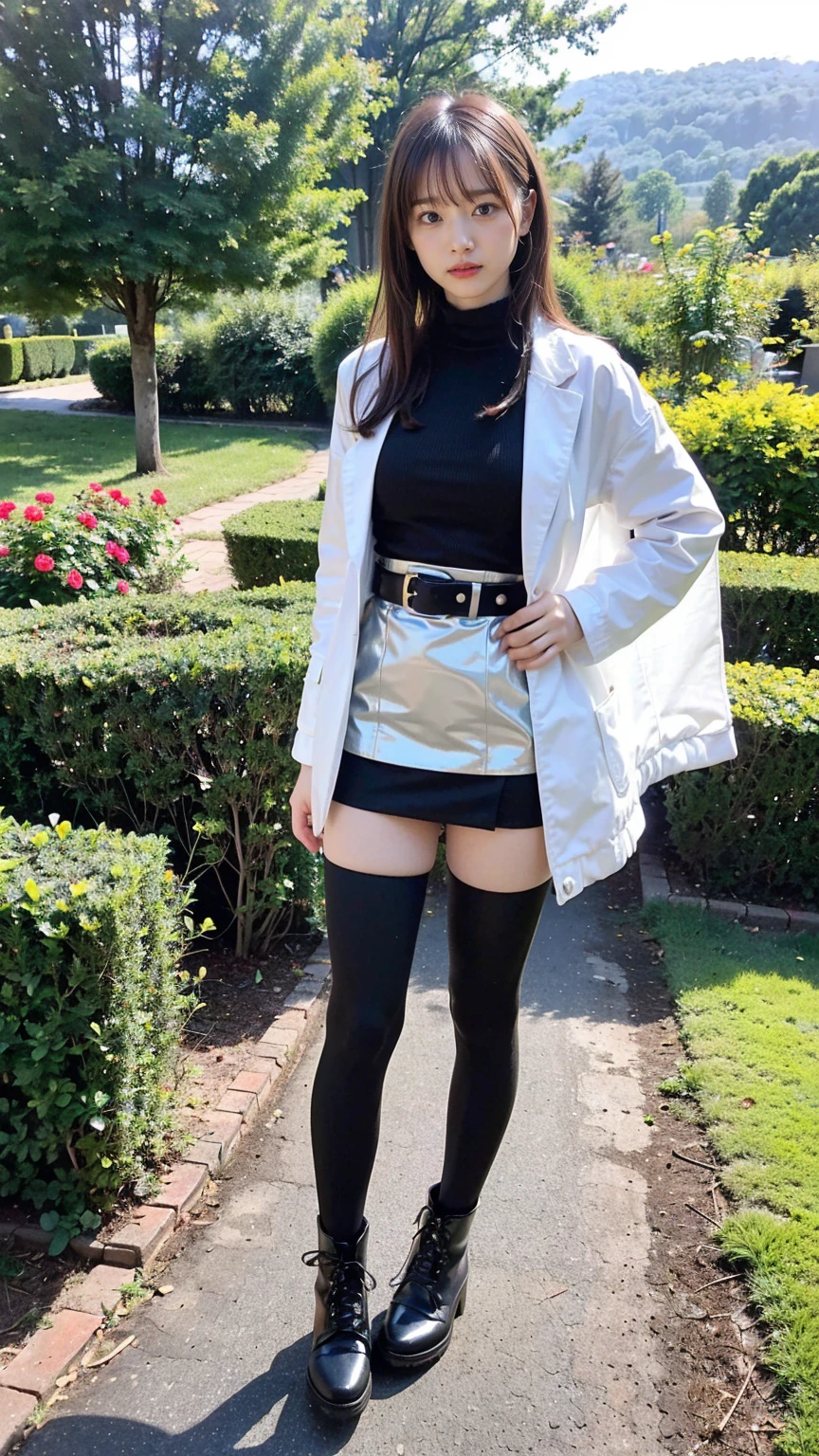 (8K、RAW Photos、Highest quality、masterpiece:1.2)、(Realistic、Realistic)、1 Girl、((Check mini skirt、Jacket、black、Thin legs、whole body、boots、one piece、tights、garden、View from the front、Looking into the camera、belt、Stand with hands on hips))、cute