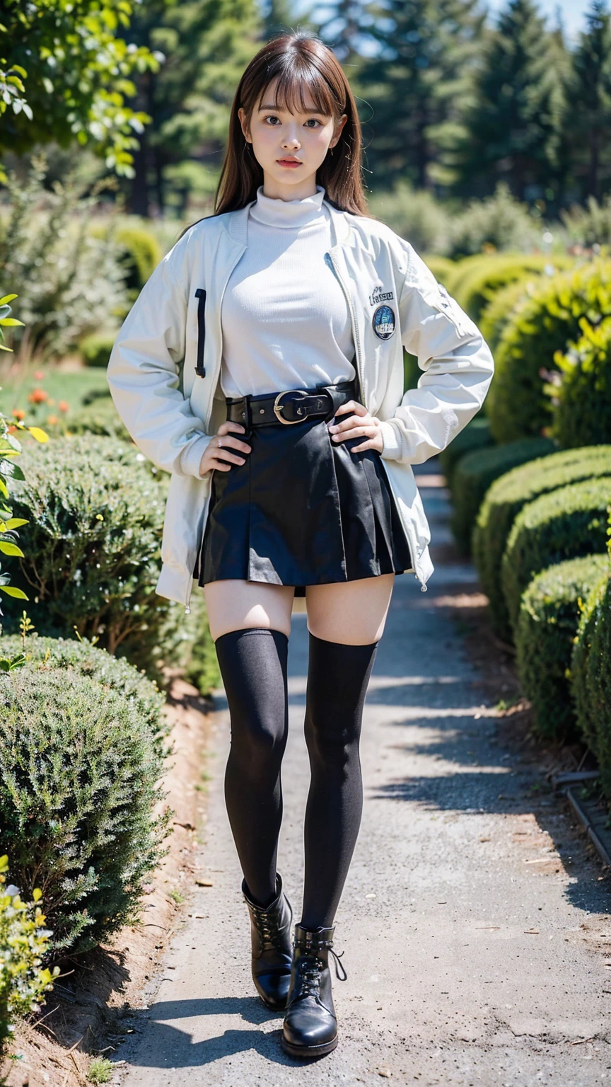 (8K、RAW Photos、Highest quality、masterpiece:1.2)、(Realistic、Realistic)、1 Girl、((Check mini skirt、Jacket、black、Thin legs、whole body、boots、one piece、tights、garden、View from the front、Looking into the camera、belt、Stand with hands on hips))、cute