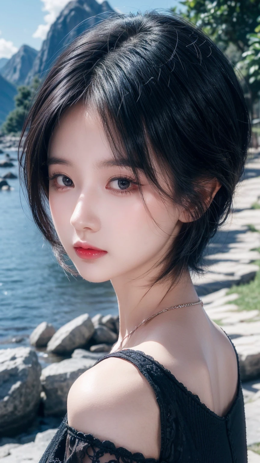 best quality, 1 Girl, dark blue hair, black eyes, Very short hair, Spiky hair, wears sweet red red dress body slim luxury,A cropped dress, 171 cm, Messy hair, Hair between the eyes, Tomboy, aldult, 20 years old, A sweet girl by the mountain