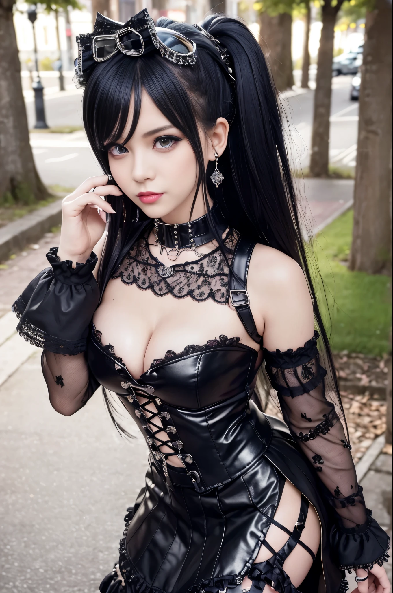 sexy stylish female model, only 1 female, ((doll-like appearance)), long dramatic stylish hair, ((shiny Punk-Style boots)), (smiling face), ultra detailed eyes, long lashes, eyeliner, ultra detailed eye-shadow, lip-gloss, ((sexy Punk ta cosplay)), unconventional skirt, petticoats, high neckline, ((ultra detailed lace)), ((ultra detailed embroidery)), intricate details, tartan patterns, Punk Loliccessoires, Punk Lolita cr, ((large sparkling Punk Lolita jewel, cinematic light, detailed large park background with trees