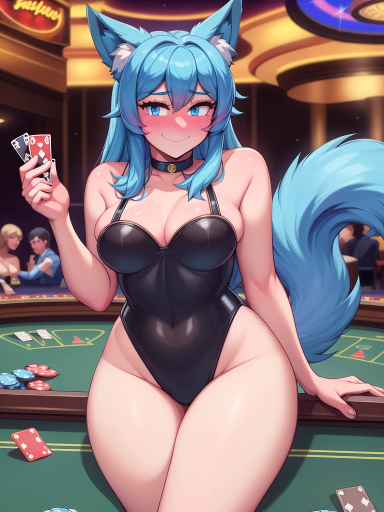 (Masterpiece) (High Detail) (High Res) A short slim humanoid girl with pale human skin and blue eyes and long blue hair and blue dog ears and a fluffy blue dog tail and average breasts. She is in a Casino and is wearing only a black leather leotard. She has blushing cheek and is smiling shyly. Roulette. Casino Chips. Playing cards.