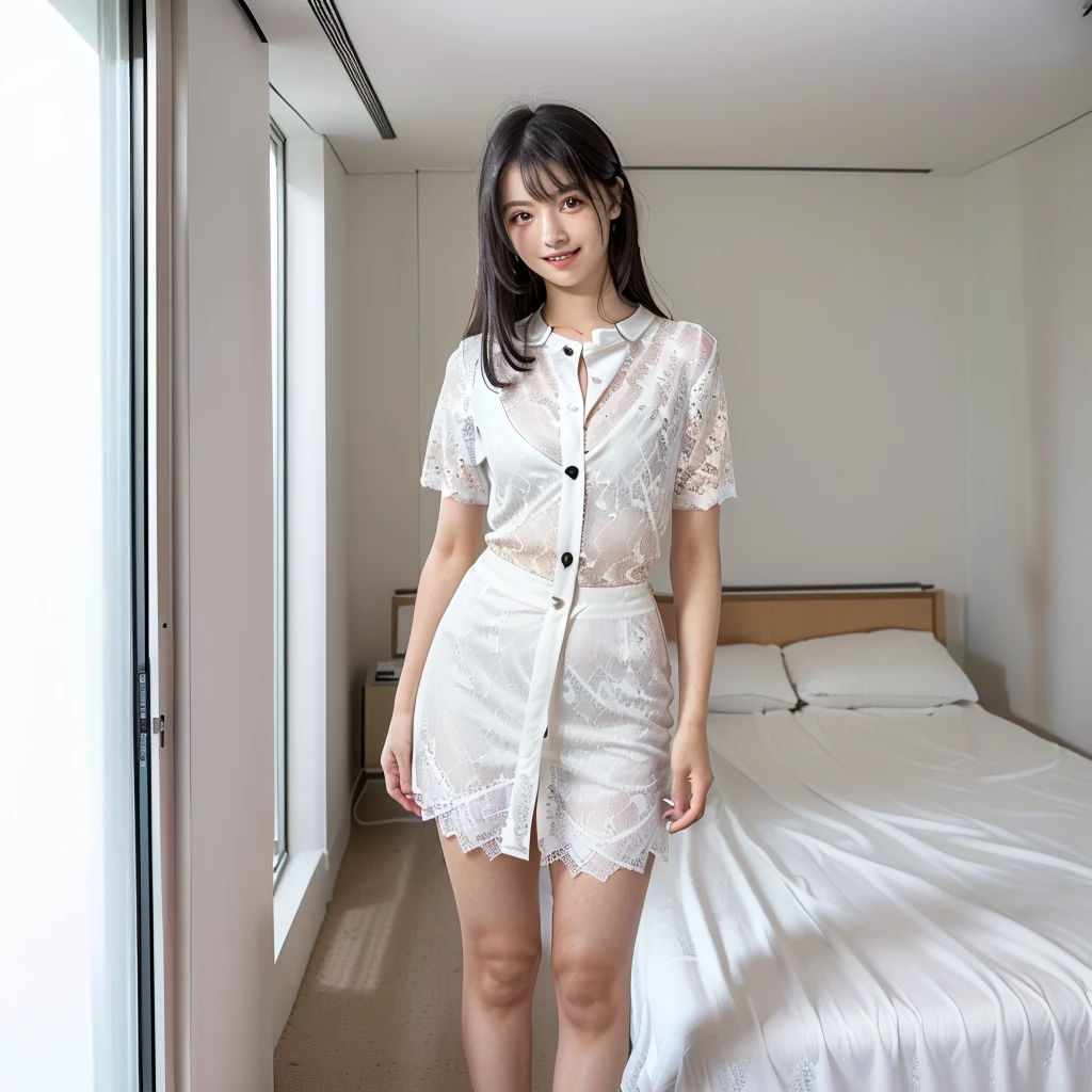 (Highest quality:1.9)、(High resolution)、Live-action image quality、((19 year old female university student、1 person))、Soft lighting by a professional photographer、Natural light、((Very spacious white luxurious room:1.6))、((Bright white room:1.6))、(Standing in front of a very luxurious white bed:1.2)、(White bookshelf background:1.1)、Natural soft light、((Black Hair Color:1.1))、Fair skin、Detailed Eyes、double eyelid、Slightly puffy cheeks、((Small Face:1.0))、((White lace short sleeve shirt、Please wear it with the chest open.:1.7))、((White checked skirt))、(Cute Smile)、((Girly pose 1.8))、((Straight medium-long hair:1.1))、((Full Body Shot:1.2))、((Height: 145cm))、Hands in front、Hold hands between legs、bangs、