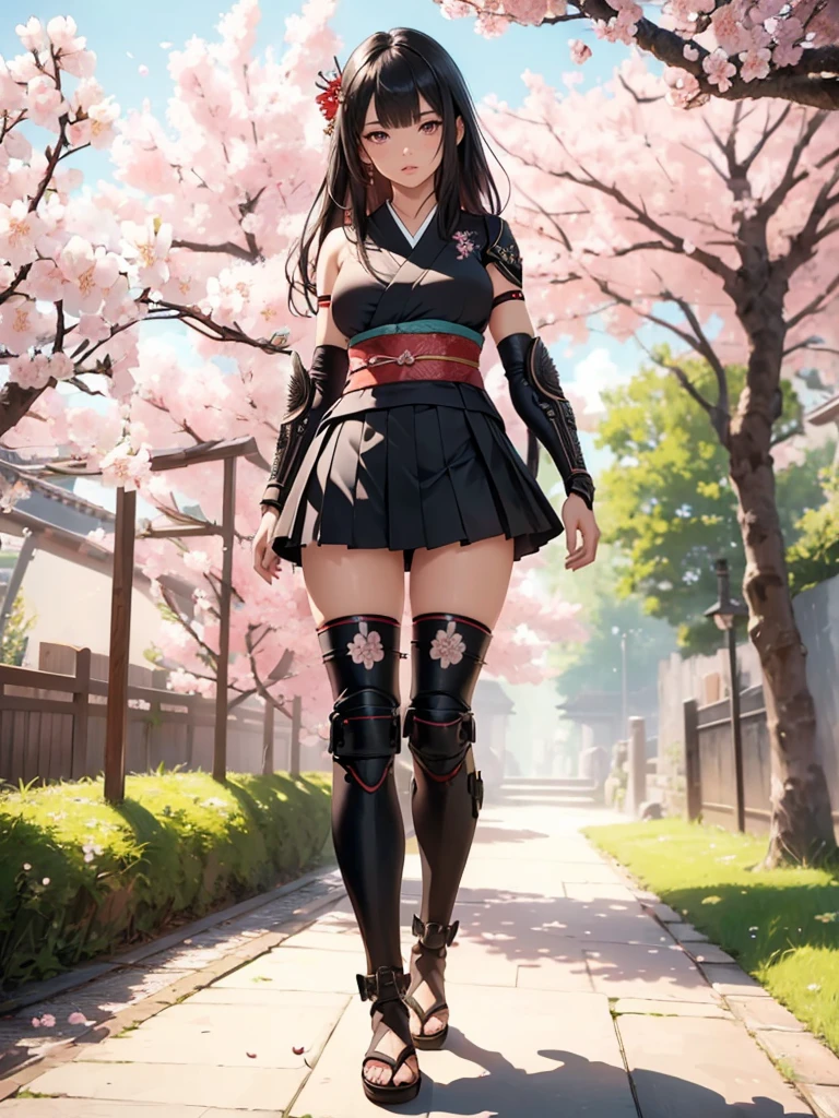 ((1girl, solo)), beautiful body, (perfect anatomy, perfect body, perfect hands, perfect legs), (five fingers:1.5), natural proportions, sexy body, (((large breasts))), cowboy shot BREAK
((extremely detailed face)), (beautiful detailed eyes:1.6), (realistic pupils, realistic iris:1), expressive eyes, looking at viewer, (clear eyes:1.3), (hyperrealistic:1.2), (detailed skin texture:1.2), smooth skin, (black hair:1.5), (red eyes:1.3), long hair, (straight hair:1.5), (((bangs))), ((blunt bangs)), hair ornament, hair flower, ((mature female)), (detailed lips:1.2), (attractive lips:1.1), (glossy lips:1.1), (parted lips), perfect face, perfect eyes BREAK
Samurai, japanese clothes, (short kimono:1.5), sleeveless, elbow gloves, (arm guard:1.5), (micro mini skirt:1.5), pleated skirt, black skirt, zettai ryouiki, thighs, black thighhighs, (greaves:1.3), skindentation, tassel, shimenawa BREAK
Outdoors, day, (spring:1.3), (((cherry blossoms))), nature, ((trees)), forest, ((ancient japan)), medieval fantasy BREAK
(masterpiece:1.5), anime-style, top quality, best quality, (beautiful and aesthetic:1.2), (ultra detail:1.5), Ultra-detailed depiction, Ultra-precise depiction, extremely detailed 8k illustration, high resolution, (highly detailed shading:1.2), (realistic lighting:1.4), perfect lighting, vibrant colors, dynamic tones, striking hues, 8k, absurd resolution, perfect shadows, hdr, UHD, ambient lighting, realistic, ultra-realistic, photo realistic, highly detailed, rich detail, luminous colors, fine texture, intricate design, professional illustration, (soft light:1.2), (illustration:0.7)
