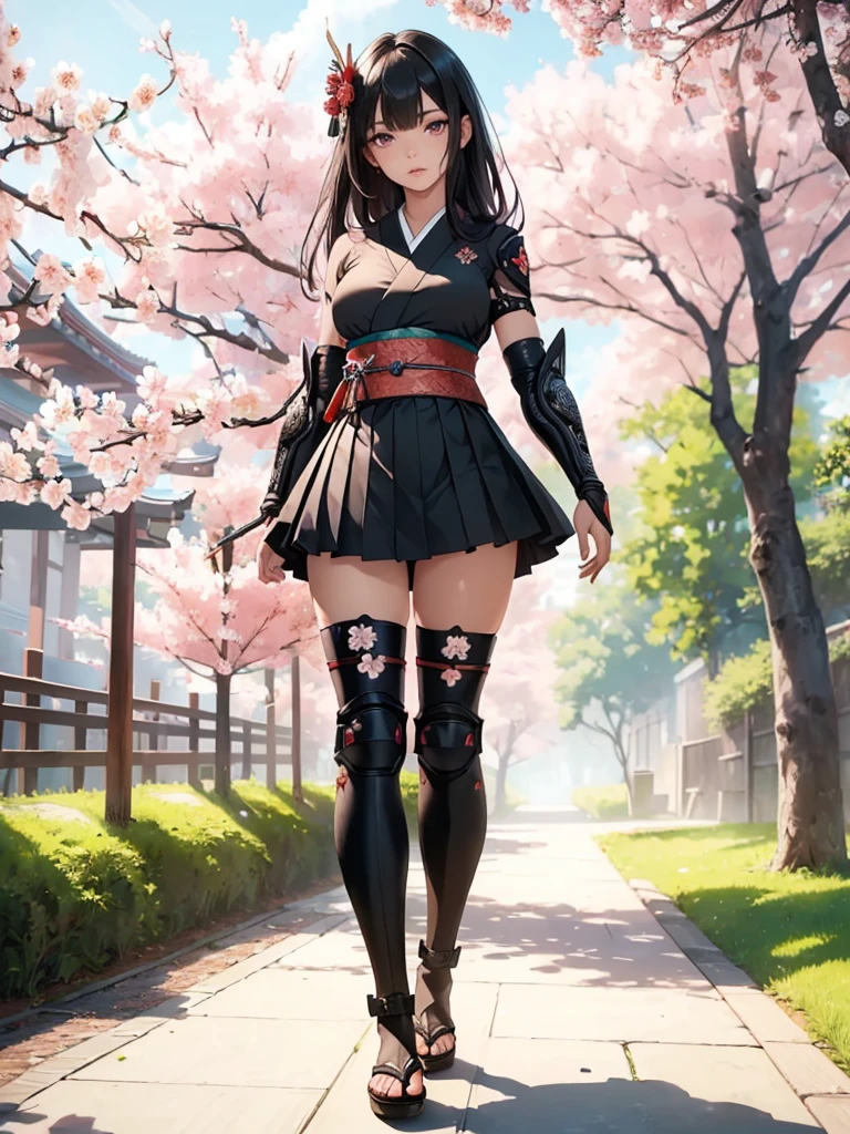 ((1girl, solo)), beautiful body, (perfect anatomy, perfect body, perfect hands, perfect legs), (five fingers:1.5), natural proportions, sexy body, (((large breasts))), cowboy shot BREAK
((extremely detailed face)), (beautiful detailed eyes:1.6), (realistic pupils, realistic iris:1), expressive eyes, looking at viewer, (clear eyes:1.3), (hyperrealistic:1.2), (detailed skin texture:1.2), smooth skin, (black hair:1.5), (red eyes:1.3), long hair, (straight hair:1.5), (((bangs))), ((blunt bangs)), hair ornament, hair flower, ((mature female)), (detailed lips:1.2), (attractive lips:1.1), (glossy lips:1.1), (parted lips), perfect face, perfect eyes BREAK
Samurai, japanese clothes, (short kimono:1.5), sleeveless, elbow gloves, (arm guard:1.5), (micro mini skirt:1.5), pleated skirt, black skirt, zettai ryouiki, thighs, black thighhighs, (greaves:1.3), skindentation, tassel, shimenawa BREAK
Outdoors, day, (spring:1.3), (((cherry blossoms))), nature, ((trees)), forest, ((ancient japan)), medieval fantasy BREAK
(masterpiece:1.5), anime-style, top quality, best quality, (beautiful and aesthetic:1.2), (ultra detail:1.5), Ultra-detailed depiction, Ultra-precise depiction, extremely detailed 8k illustration, high resolution, (highly detailed shading:1.2), (realistic lighting:1.4), perfect lighting, vibrant colors, dynamic tones, striking hues, 8k, absurd resolution, perfect shadows, hdr, UHD, ambient lighting, realistic, ultra-realistic, photo realistic, highly detailed, rich detail, luminous colors, fine texture, intricate design, professional illustration, (soft light:1.2), (illustration:0.7)