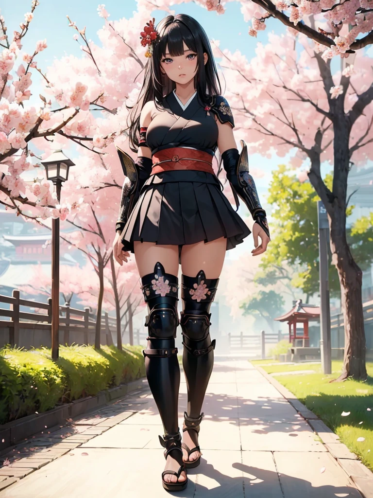 ((1girl, solo)), beautiful body, (perfect anatomy, perfect body, perfect hands, perfect legs), (five fingers:1.5), natural proportions, sexy body, (((large breasts))), cowboy shot BREAK
((extremely detailed face)), (beautiful detailed eyes:1.6), (realistic pupils, realistic iris:1), expressive eyes, looking at viewer, (clear eyes:1.3), (hyperrealistic:1.2), (detailed skin texture:1.2), smooth skin, (black hair:1.5), (red eyes:1.3), long hair, (straight hair:1.5), (((bangs))), ((blunt bangs)), hair ornament, hair flower, ((mature female)), (detailed lips:1.2), (attractive lips:1.1), (glossy lips:1.1), (parted lips), perfect face, perfect eyes BREAK
Samurai, japanese clothes, (short kimono:1.5), sleeveless, elbow gloves, (arm guard:1.5), (micro mini skirt:1.5), pleated skirt, black skirt, zettai ryouiki, thighs, black thighhighs, (greaves:1.3), skindentation, tassel, shimenawa BREAK
Outdoors, day, (spring:1.3), (((cherry blossoms))), nature, ((trees)), forest, ((ancient japan)), medieval fantasy BREAK
(masterpiece:1.5), anime-style, top quality, best quality, (beautiful and aesthetic:1.2), (ultra detail:1.5), Ultra-detailed depiction, Ultra-precise depiction, extremely detailed 8k illustration, high resolution, (highly detailed shading:1.2), (realistic lighting:1.4), perfect lighting, vibrant colors, dynamic tones, striking hues, 8k, absurd resolution, perfect shadows, hdr, UHD, ambient lighting, realistic, ultra-realistic, photo realistic, highly detailed, rich detail, luminous colors, fine texture, intricate design, professional illustration, (soft light:1.2), (illustration:0.7)