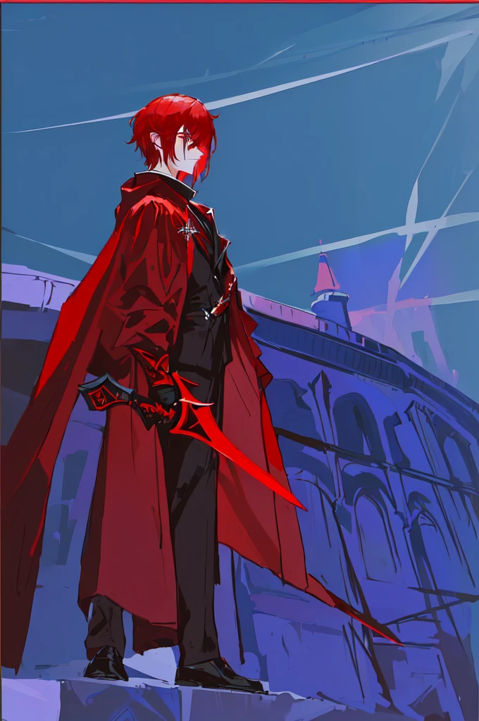 cartoon of a Man in a red and black outfit with a blade, red demon cloak, villain wearing a assassin suit, red hooded assassin, crimson attire, face hidden by hoodie cloak, assassin