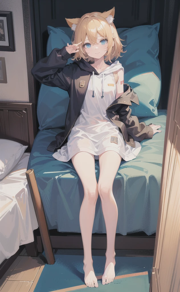 (Masterpiece), (Best Quality), (Illustration), (Ultra Detailed), (High Resolution), Perfect Anatomy, Absurdity, One Girl, (Kagamine_Rin), (Vocaloid), Short Hair, Hair Clips, Big Smile, (Blonde), Very Cute Girl, Small, Young, Delicate, Attention to Girl, Bedroom, Cute, She, Smile, Best Moment, *************, Blue Eyes, Bright Eyes, Lively eyes, cute, standing, thighs, spoiled, innocent, love love, love viewer, clean skin, beautiful body, cute face, delicate arms, boyfriend's eyes, lively eyes, neat, bare legs, dabo dabo hoodie, perfect hood, hoodie based on white, black shorts, beautiful girl, blue sky, full of energy, best girlfriend, happiness, cat ears, sleeping, lying on the bed, Sleeping on your back on the bed, staring at me, blush