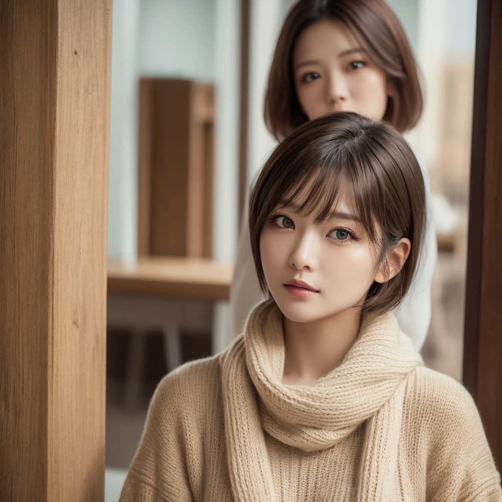 ((Tabletop,Highest quality)), (Like the picture:1.4),((Tabletop,8K))、White wall、(White Room)、((Full body photo))、Photographed in natural light、Highly detailed face and skin texture、Highly detailed lips、The correct state of the human body、Ultra-high resolution、(Photorealistic:1.4)、Highest quality, One beautiful woman, 38 years old, s, 150mm lens、Light Yellow Knit、(Dark brown medium short hair)、Japanese women、(Dark brown hair)、Various poses、Looking into the camera、Natural color lip、Winter clothes、 necklace、indoor