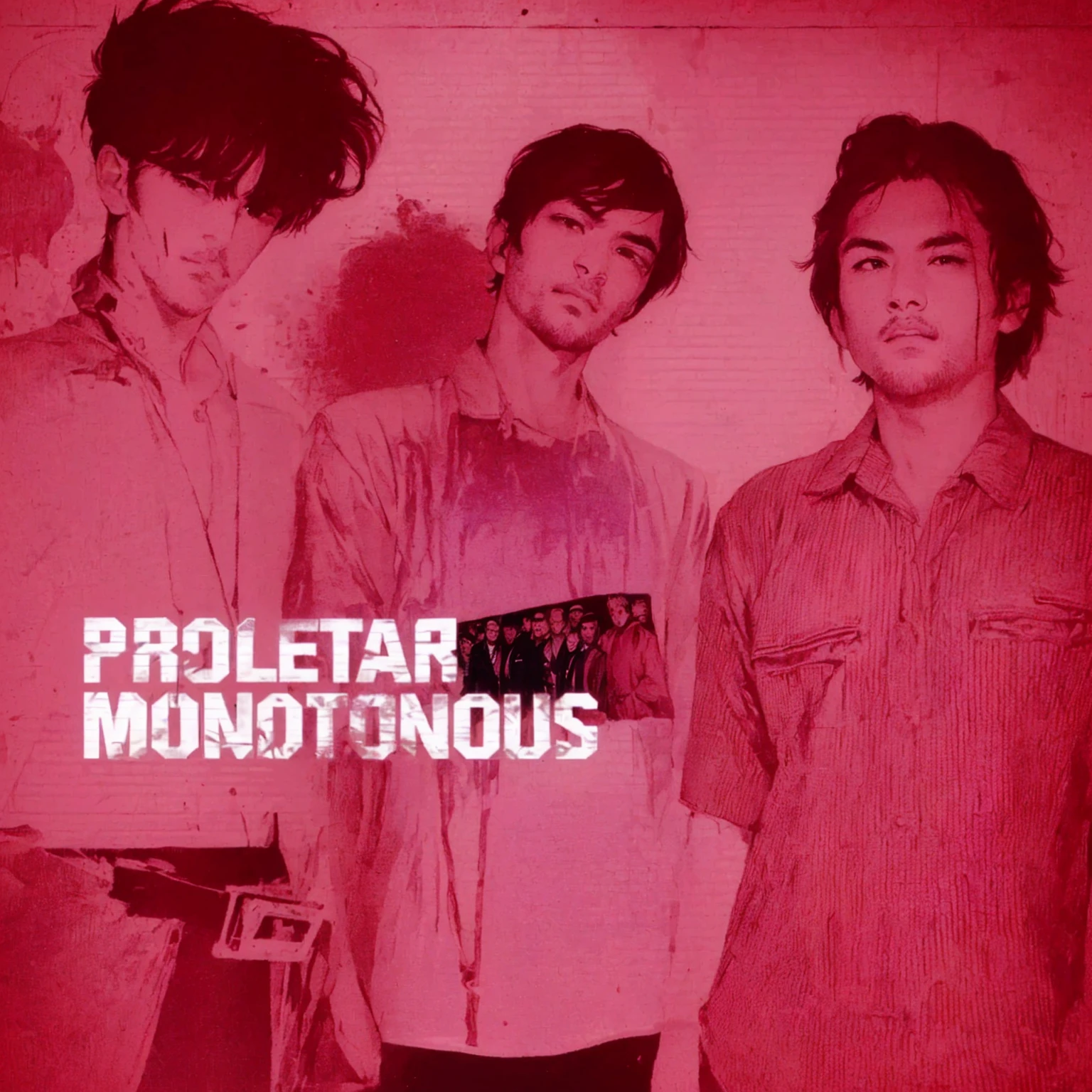 a poster of a group of men standing next to each other, wondrous, pretentious, album artwork, album cover, cover art, album art cover, molecular, promo art, PROLETAR MONOTONOUS, promo, album art, alternate album cover, boisterous, promotional artwork, detailed image, monstrous, album cover!, mono, monochrome, monocolor