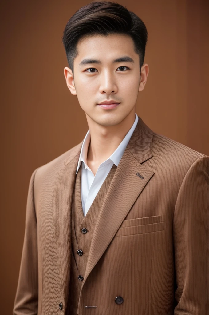 Brown striped suit、　30-year-old handsome employee、The hair is neat.It is not advisable to cut the beard short.no beard.　（Super handsome S-class suit man）、　Japanese male, 30 years old、　merchant、　Super Deluxe Set、　office、　Stand up in a suitＳyoung handsome man、　full body image、　（CG Unity 8K High Detail Photo）、　（a very detailedＳThe most handsome boy in the class）、　（Photos are real）、　　（（top quality））、　super detailed、　（​Masterpiece）、　super high quality、　High、　audience、　gentleman、　very beautiful hair、　short hair、　bright photos、　As handsome as a model、　As handsome as an idol、　Luxury watches、　Eyes balanced looking at the audience with a slight smile