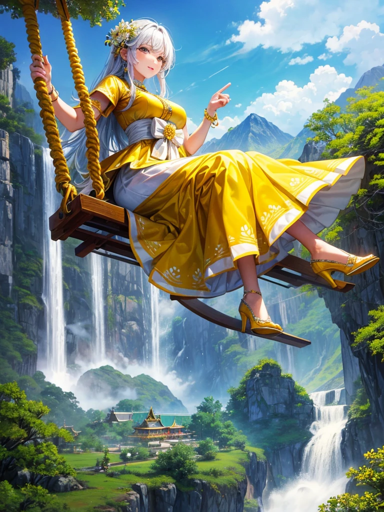 A young woman wearing a yellow and gold-white traditional Thai dress wearing white high heels sits on a giant swing decorated with colorful flowers, a waterfall, a high mountain, a modern house.