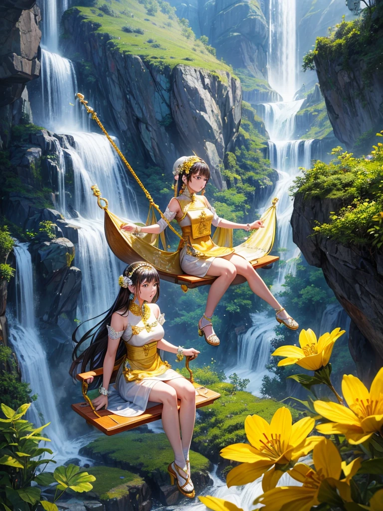 A young woman wearing a yellow and gold-white traditional Thai dress wearing white high heels sits on a giant swing decorated with colorful flowers, a waterfall, a high mountain, a modern house.