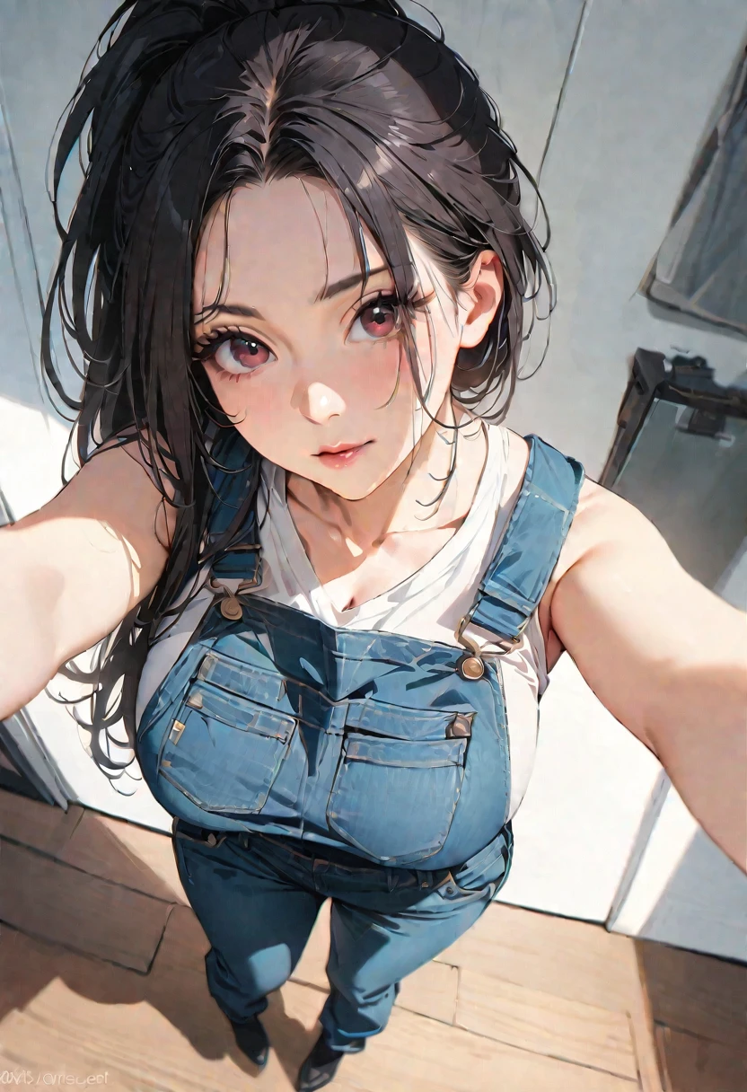 30 years old,1 mature woman,hyperrealistic, 8k, (extremely detailed 8k), (very delicate and beautiful), (masterpiece), (better quality:1.0), (ultra high resolution:1.0), (masterpiece, best quality),cute,black hair,big breasts,ponytail,POV,overalls,full body