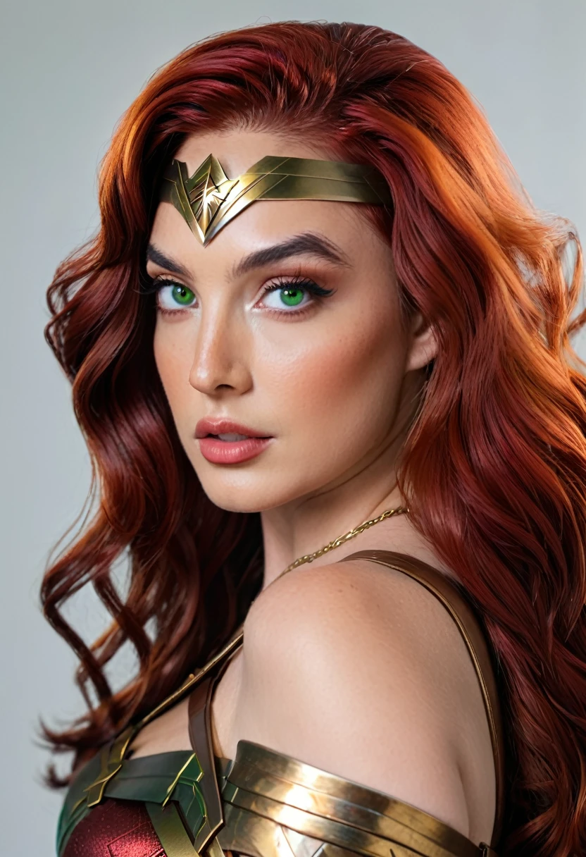 Beautiful sexy red hair, Classic 70s Wonder Woman with green eyes (realistic detailed,4K,high resolution,work of art:1.2), (slickedback hair)