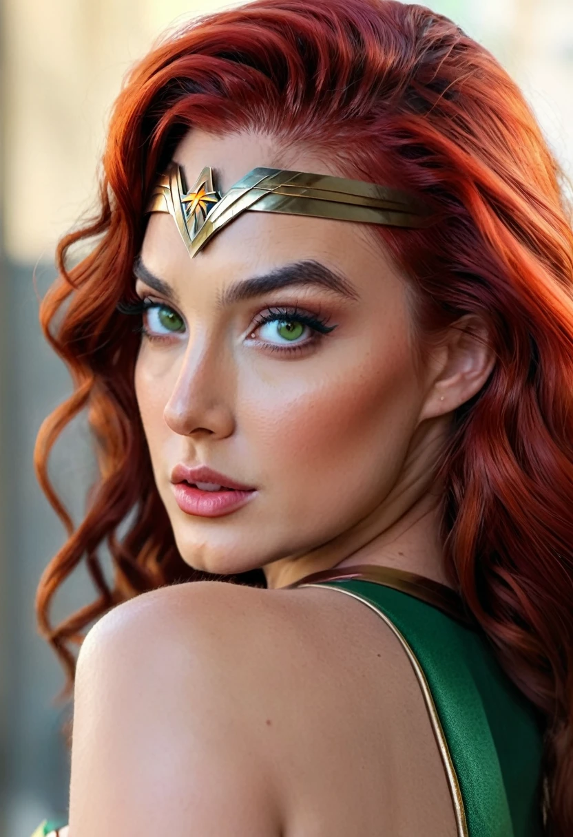 Beautiful sexy red hair, Classic 70s Wonder Woman with green eyes (realistic detailed,4K,high resolution,work of art:1.2), (slickedback hair)