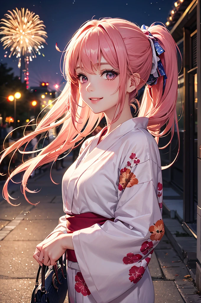 (Best Quality,High resolution,8K,finelity detailed background,Masterpiece:1.2),beautiful girl,Shiny pink hair,pony tail,Beautiful pink eyes,Gentle look,A refreshing look,Best quality,Best Quality,Aesthetic and aesthetic:1.2,Best details((Super detailed))(High-definition CG illustrations),yukata(Floral),Slender body,night,Fireworks display,Fireworks in the background,Fireworks,smile,blush,cute,Scrounge,Looking up,Being spoiled,super model