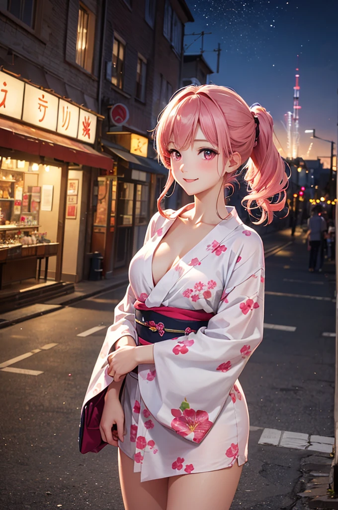 (Best Quality,High resolution,8K,finelity detailed background,Masterpiece:1.2),beautiful girl,Shiny pink hair,pony tail,Beautiful pink eyes,Gentle look,A refreshing look,Best quality,Best Quality,Aesthetic and aesthetic:1.2,Best details((Super detailed))(High-definition CG illustrations),yukata(Floral),Slender body,night,Fireworks display,Fireworks in the background,Fireworks,smile,blush,cute,Scrounge,Looking up,Being spoiled,super model