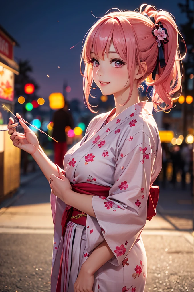 (Best Quality,High resolution,8K,finelity detailed background,Masterpiece:1.2),beautiful girl,Shiny pink hair,pony tail,Beautiful pink eyes,Gentle look,A refreshing look,Best quality,Best Quality,Aesthetic and aesthetic:1.2,Best details((Super detailed))(High-definition CG illustrations),yukata(Floral),Slender body,night,Fireworks display,Fireworks in the background,Fireworks,smile,blush,cute,Scrounge,Looking up,Being spoiled,super model