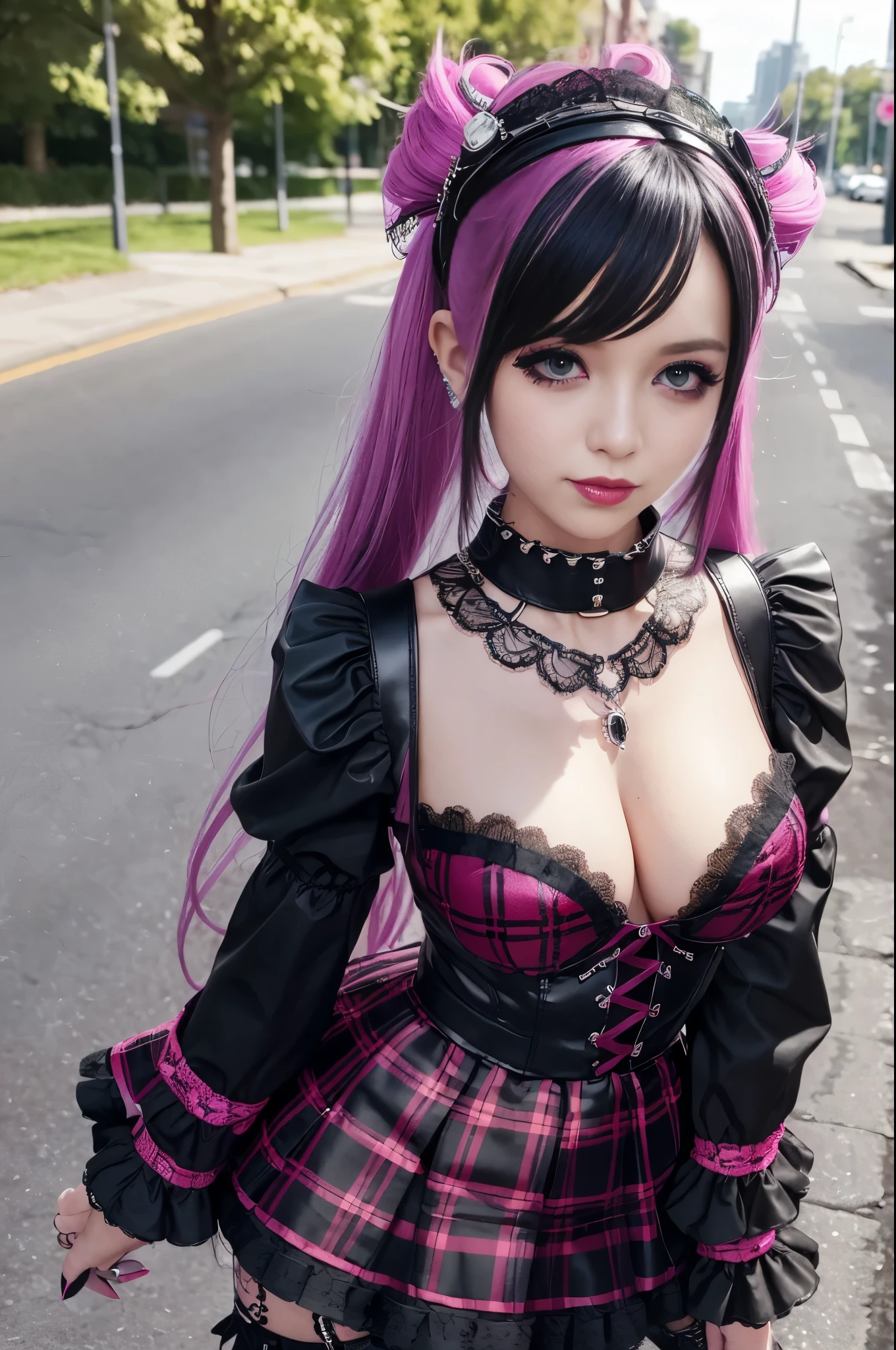 sexy stylish female model, only 1 female, ((doll-like appearance)), long dramatic stylish hair, ((shiny Punk-Style boots)), (smiling face), ultra detailed eyes, long lashes, eyeliner, ultra detailed eye-shadow, lip-gloss, ((sexy Punk ta cosplay)), unconventional skirt, petticoats, high neckline, ((ultra detailed lace)), ((ultra detailed embroidery)), intricate details, tartan patterns, Punk Loliccessoires, Punk Lolita cr, ((large sparkling Punk Lolita jewel, cinematic light, detailed large park background with trees