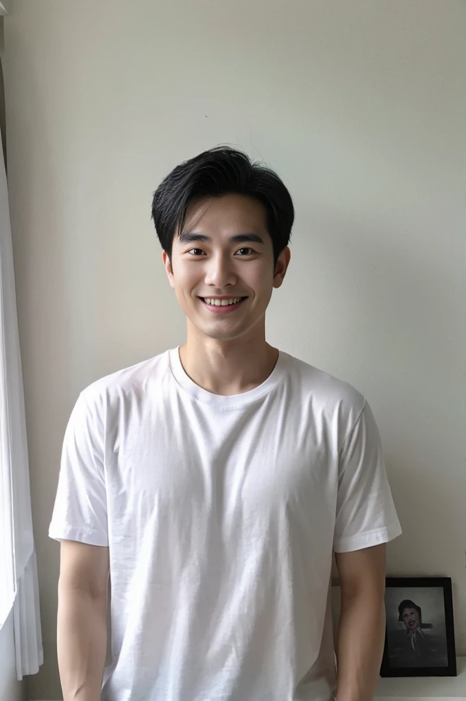 Korean man, Inspiration from Peng Yuyan, 30 years old, 236 years old, Cute Korean Face, 35 yo, 33 year old Korean muscular man,The bedroom is at the back. white t-shirt, open mouth smile