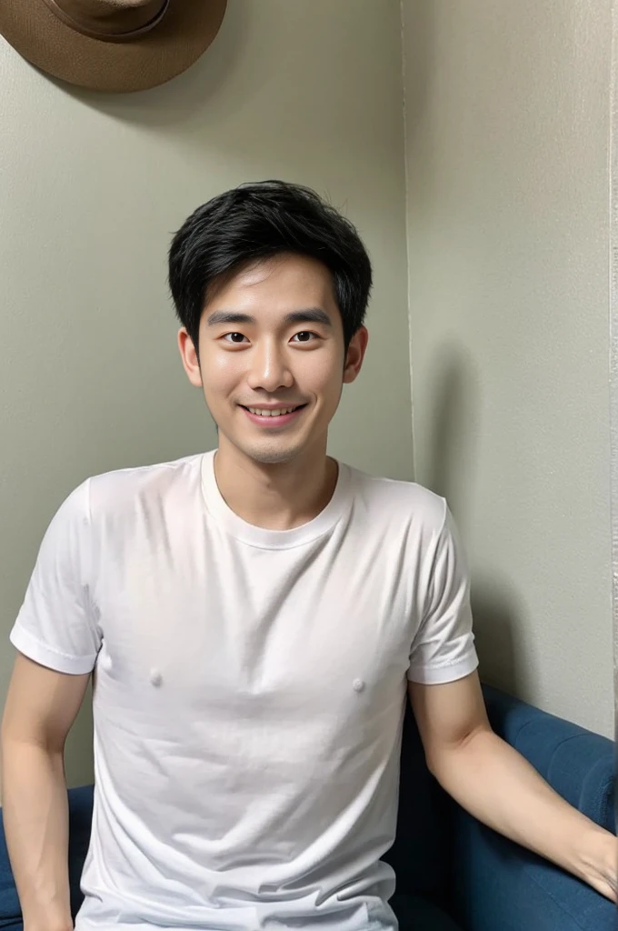 Korean man, Inspiration from Peng Yuyan, 30 years old, 236 years old, Cute Korean Face, 35 yo, 33 year old Korean muscular man,The bedroom is at the back. white t-shirt, open mouth smile