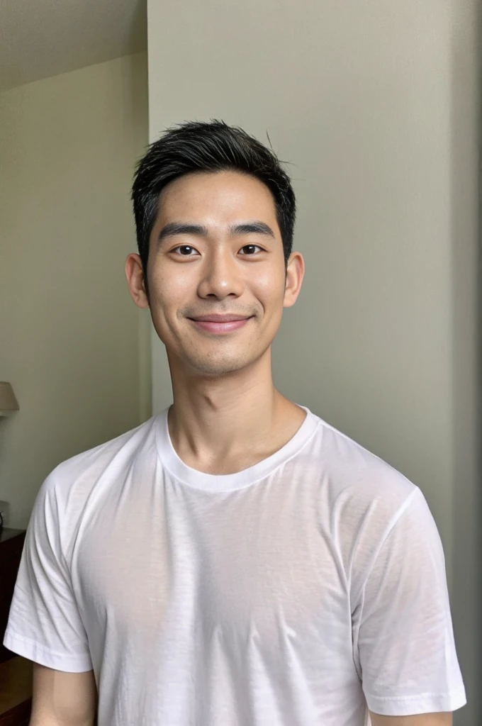 Korean man, Inspiration from Peng Yuyan, 30 years old, 236 years old, Cute Korean Face, 35 yo, 33 year old Korean muscular man，The bedroom is at the back. white t-shirt, open mouth smile