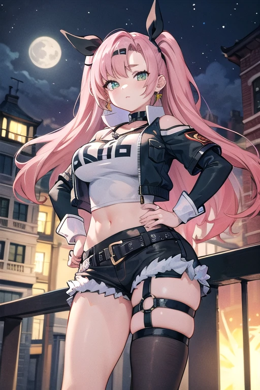 masterpiece, best quality, Extremely detailed, Extremely detailed,illustration, 1 Girl, Nicole starts, Headband, Hairpin, earrings, Black Collar, Tube Top, Knee high socks, shorts, Cropped Jacket, belt, Thigh straps, Separate sleeves, toy doll, permanent, Hands on Hips, Cowboy shooting, Night Street, moon ，大breast，大breast，breast，cute