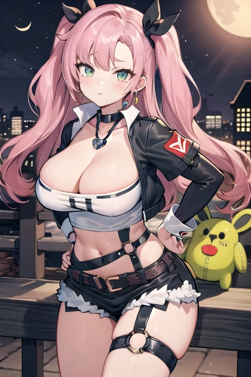 masterpiece, best quality, Extremely detailed, Extremely detailed,illustration, 1 Girl, Nicole starts, Headband, Hairpin, earrings, Black Collar, Tube Top, Knee high socks, shorts, Cropped Jacket, belt, Thigh straps, Separate sleeves, toy doll, permanent, Hands on Hips, Cowboy shooting, Night Street, moon ,大breast,大breast,breast,cute