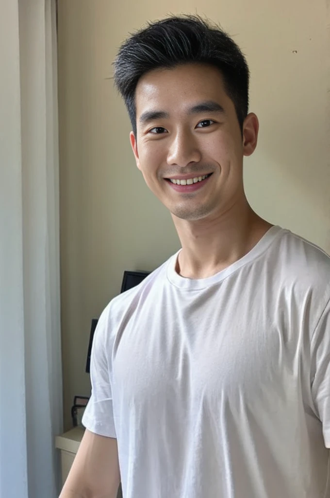 Korean man, Inspiration from Peng Yuyan, 30 years old, 236 years old, Cute Korean Face, 35 yo, 33 year old Korean muscular man，The bedroom is at the back. white t-shirt, open mouth smile