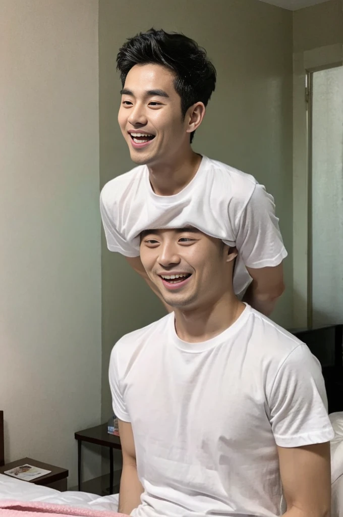 Korean man, Inspiration from Peng Yuyan, 30 years old, 236 years old, Cute Korean Face, 35 yo, 33 year old Korean muscular man，The bedroom is at the back. white t-shirt, open mouth smile