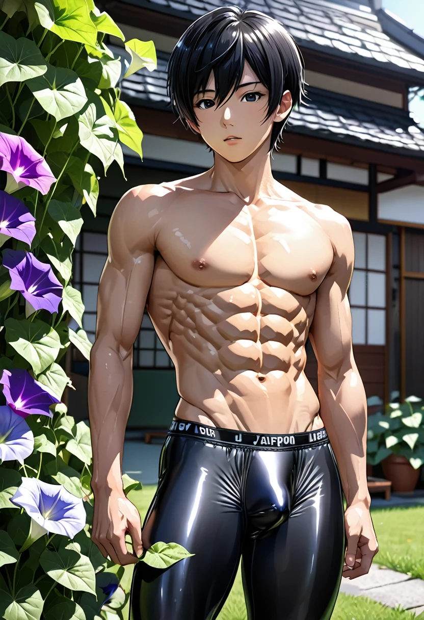 high quality, detailed, ( japanese idol boy), (detailed black eyes), (black short hair), (abs:1.5), (shiny skin), (bulge:1.2),(detailed nipples), yard, Morning glory,