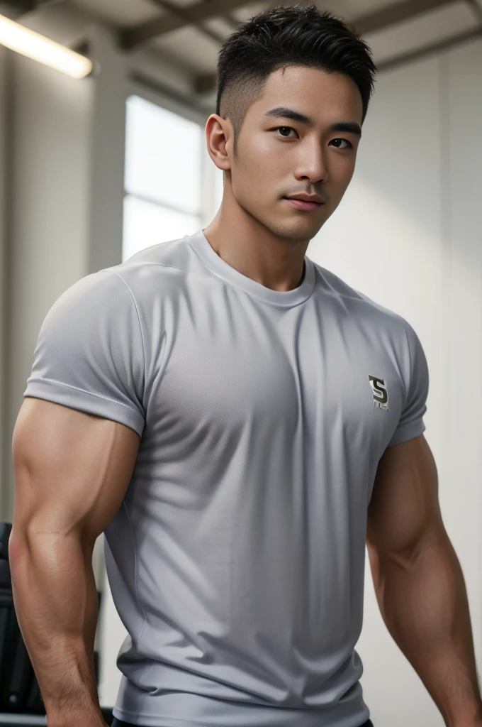 Masterpiece, best quality, high resolution, realistic, handsome, Take beautiful photos, Sayk, NRF, Photo of the 35 year old gym association (man:1.2) Portrait, standing in the gym , make military media, weight, Amazing , Buzzcut short hair,stubble head , (Hyper Muscle),looking at the audience, Flirt with the camera, charming, (Tight white exercise shirt ),(GS-Male:1), 8k uh