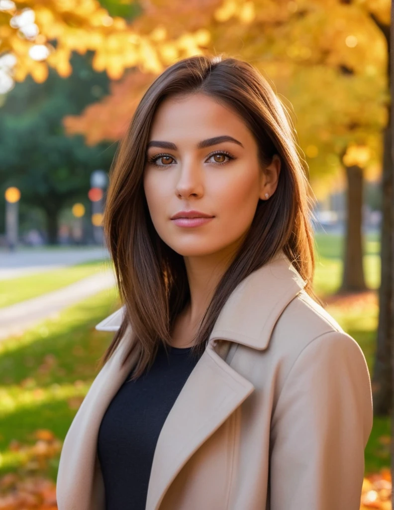 A photorealistic portrait of a 22-year-old American woman with sleek hair and warm brown eyes, dressed in a chic, modern outfit. She is captured in a full body shot, 8k hdr, with high detail and quality. The setting is a vibrant park during early autumn, with colorful leaves enhancing the background. Her expression is relaxed and friendly, and she is bathed in the soft, diffused light of an overcast day, adding a serene atmosphere to the image