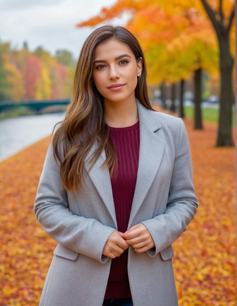 A photorealistic portrait of a 22-year-old American woman with sleek hair and warm brown eyes, dressed in a chic, modern outfit. She is captured in a full body shot, 8k hdr, with high detail and quality. The setting is a vibrant park during early autumn, with colorful leaves enhancing the background. Her expression is relaxed and friendly, and she is bathed in the soft, diffused light of an overcast day, adding a serene atmosphere to the image