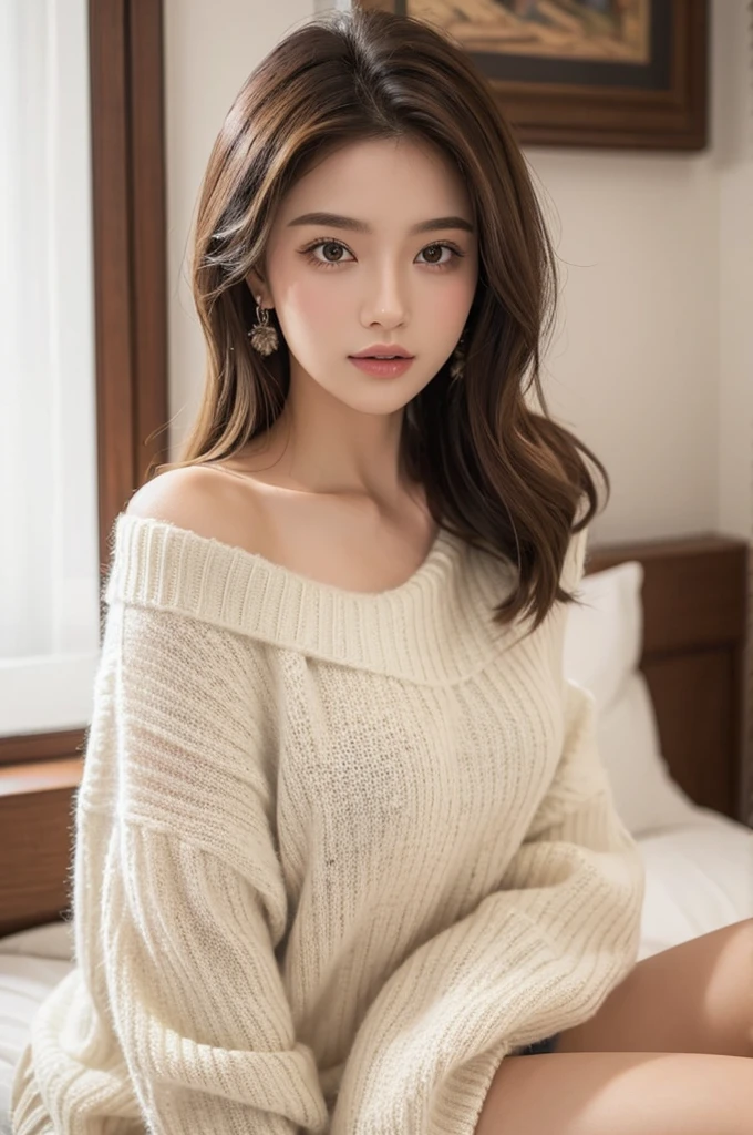 ((best quality)), ((masterpiece)), (detailed), 1 girl, Off-shoulder sweater,